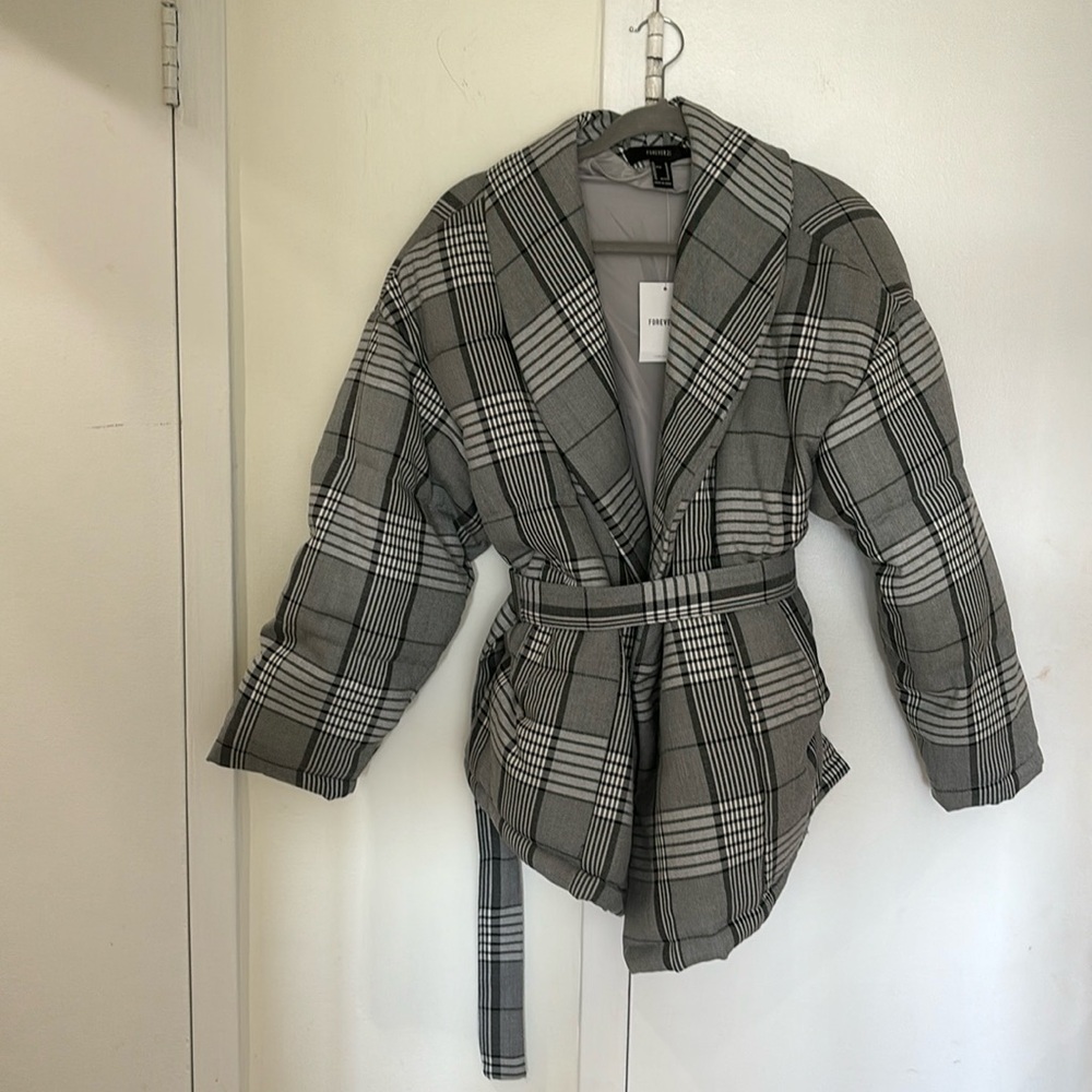 Plaid puffer kimono coat